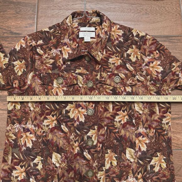 AUTUM LEAVES CHRISTOPHER BANKS Faux Suede JEAN JACKET Stretch Brown Orange PM - Picture 3 of 7